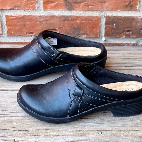 Clarks Shoes - Clarks Angie Mist Black Leather Slip On Clogs Mules Sz 10M